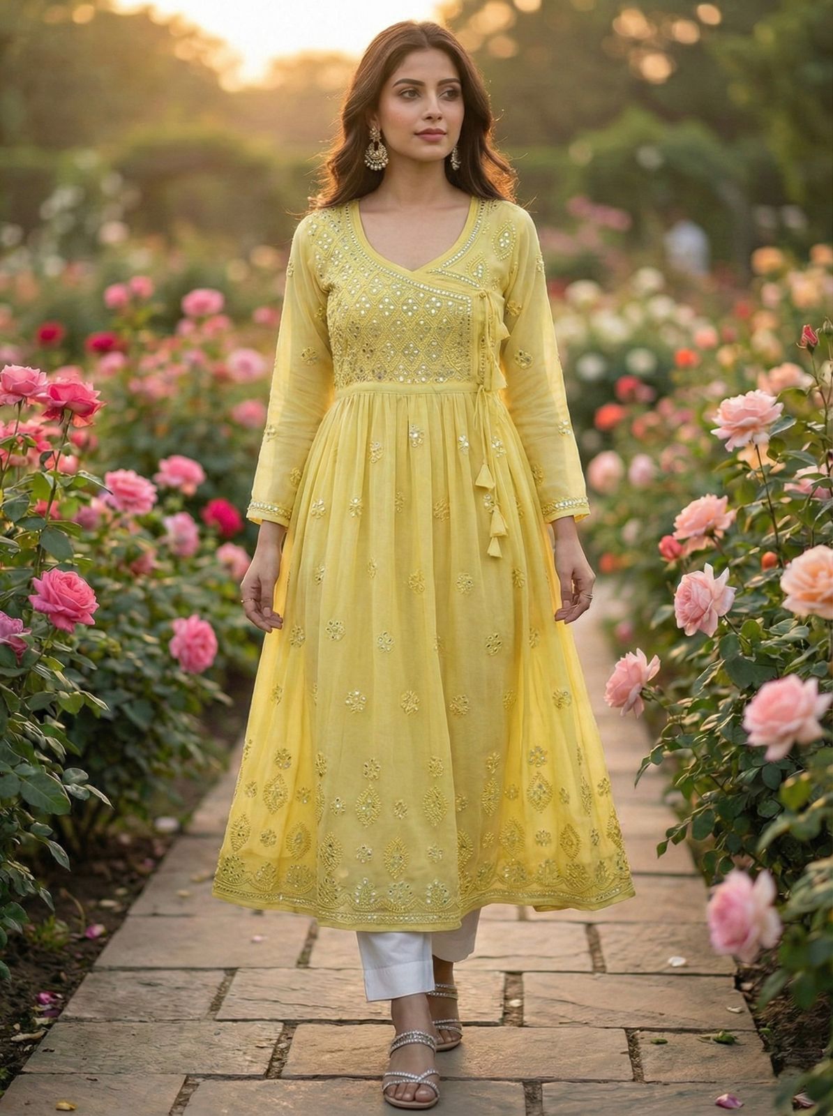 AAI Planet Beautiful Georgette chikankari Yellow with Mirror work